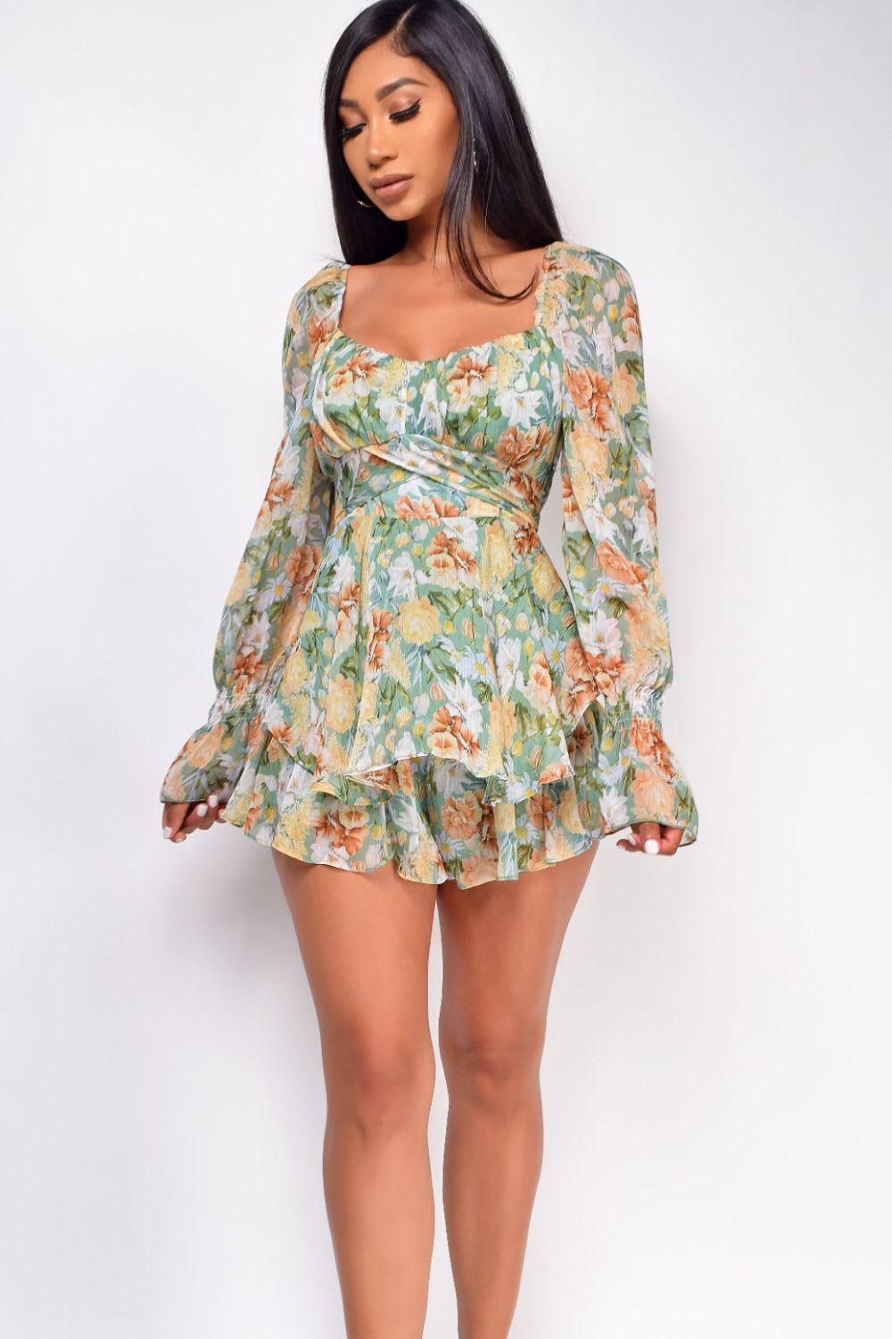 Floral Sweetheart Neck Flounce Sleeve Romper BLUE ZONE PLANET