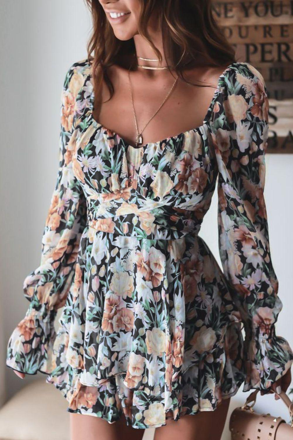 Floral Sweetheart Neck Flounce Sleeve Romper BLUE ZONE PLANET