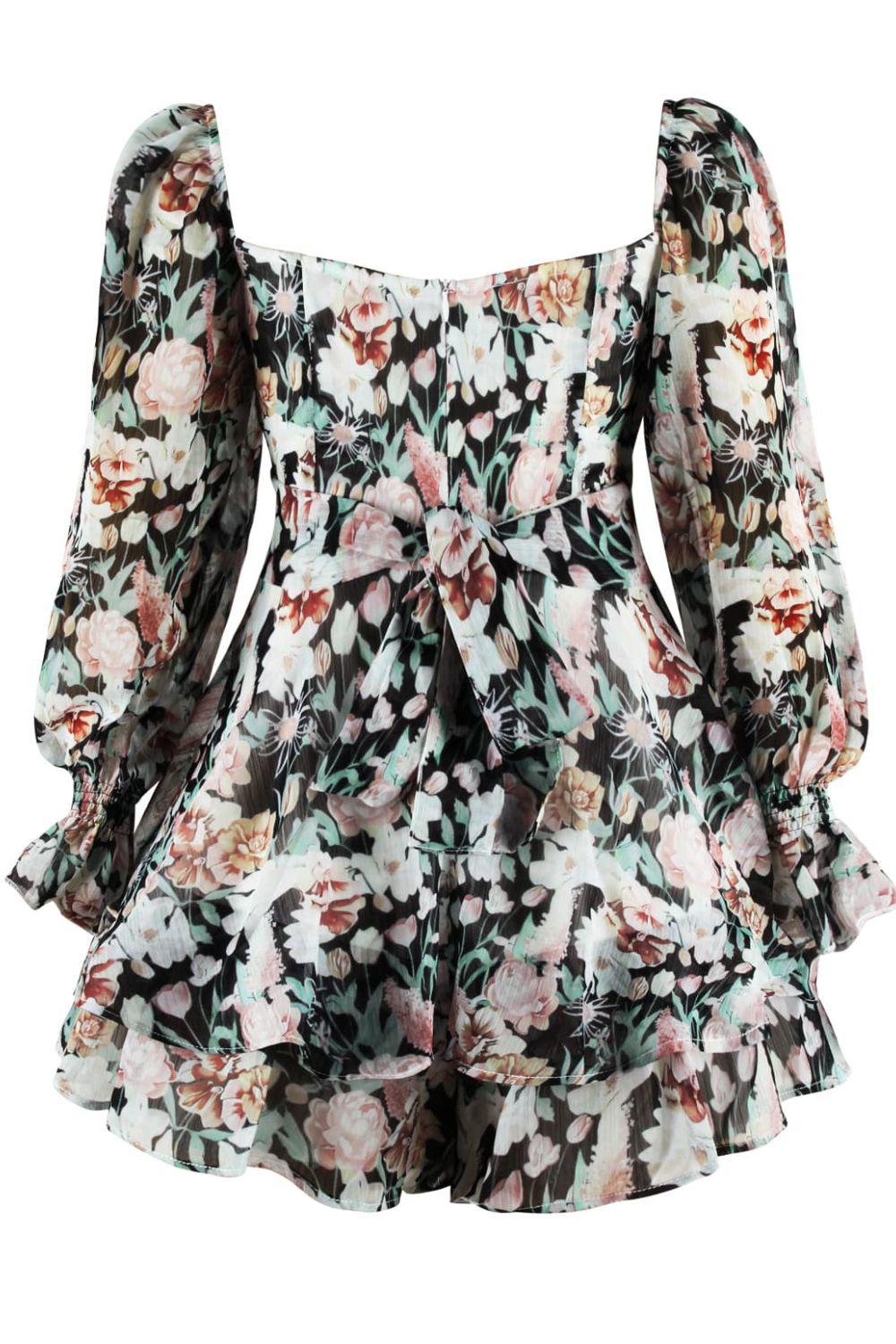 Floral Sweetheart Neck Flounce Sleeve Romper BLUE ZONE PLANET