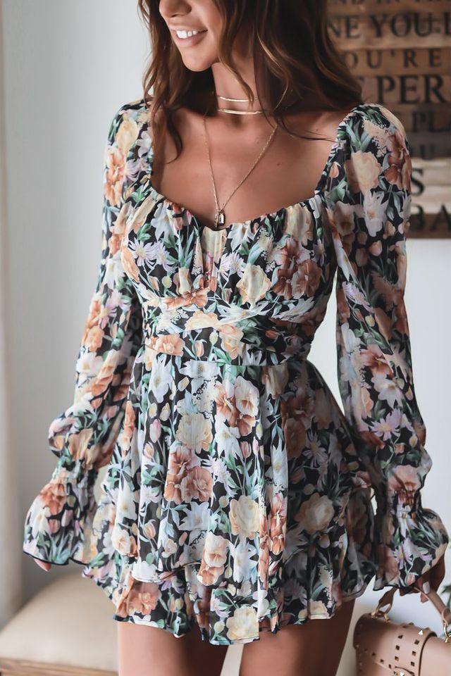 Floral Sweetheart Neck Flounce Sleeve Romper BLUE ZONE PLANET