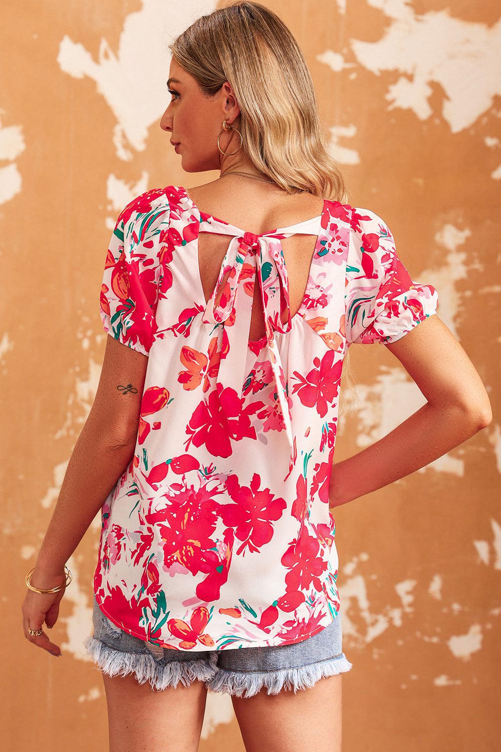 Floral Tie Back Square Neck Blouse BLUE ZONE PLANET