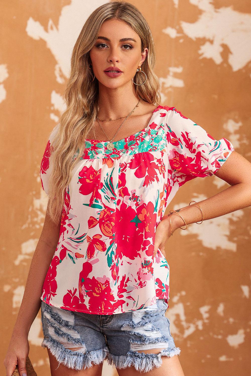 Floral Tie Back Square Neck Blouse BLUE ZONE PLANET