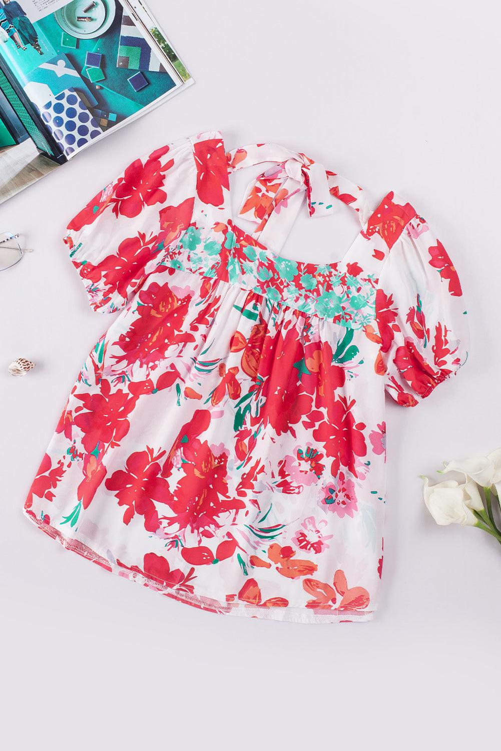 Floral Tie Back Square Neck Blouse BLUE ZONE PLANET