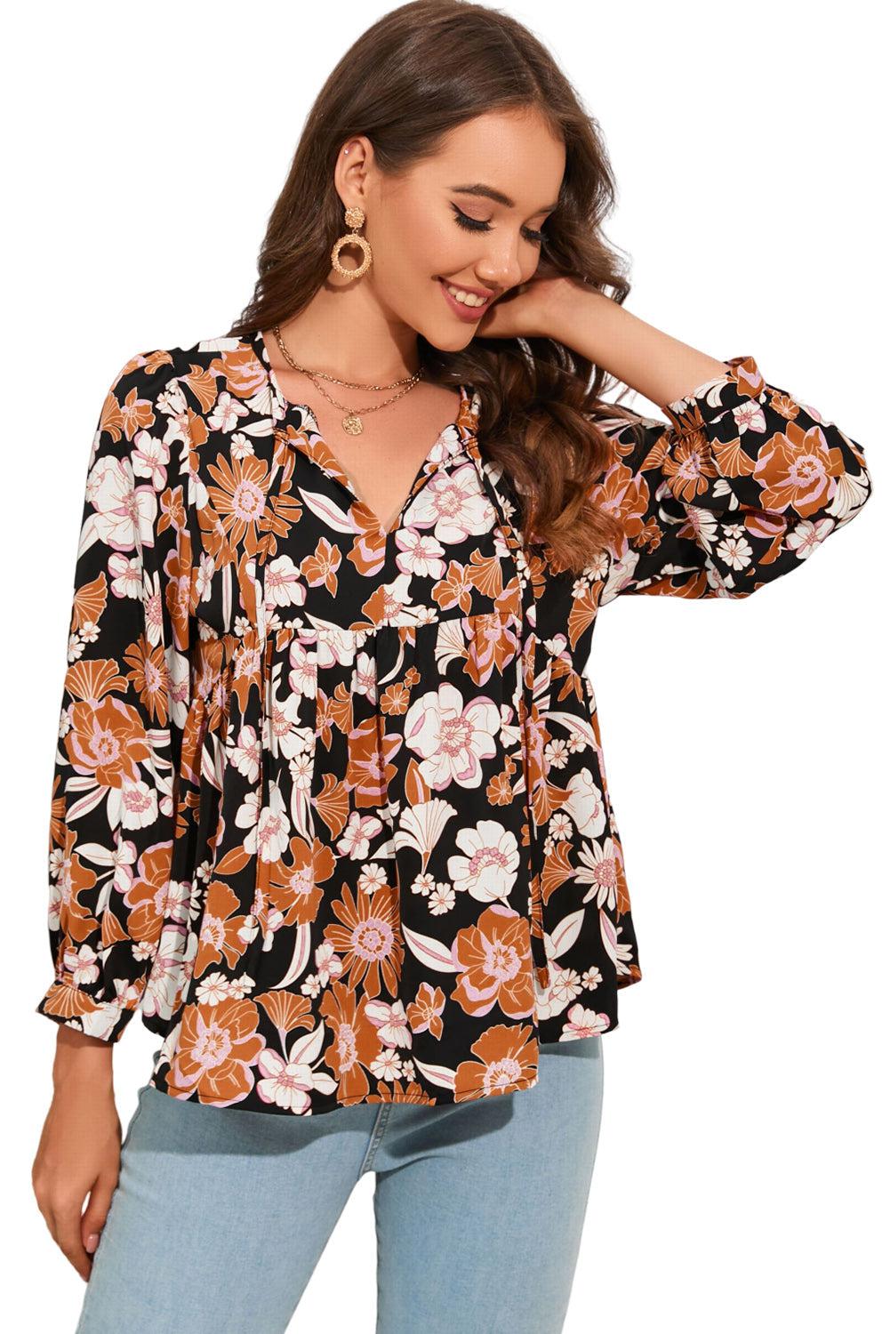 Floral Tie Neck Babydoll Blouse BLUE ZONE PLANET