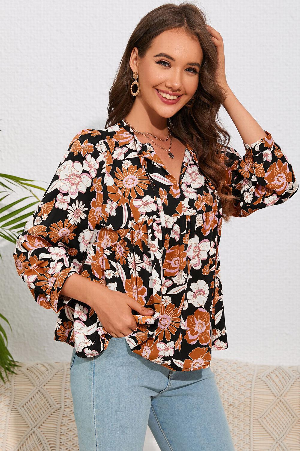 Floral Tie Neck Babydoll Blouse BLUE ZONE PLANET