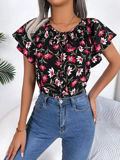 Floral Tie Neck Flutter Sleeve Blouse BLUE ZONE PLANET