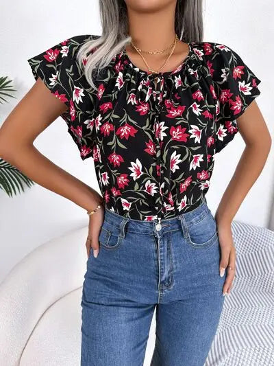 Floral Tie Neck Flutter Sleeve Blouse BLUE ZONE PLANET