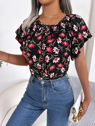 Floral Tie Neck Flutter Sleeve Blouse BLUE ZONE PLANET