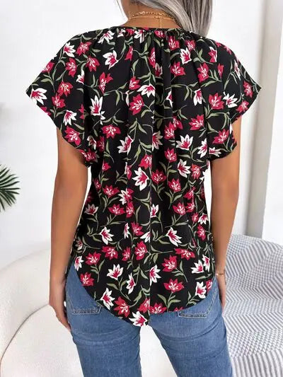 Floral Tie Neck Flutter Sleeve Blouse BLUE ZONE PLANET