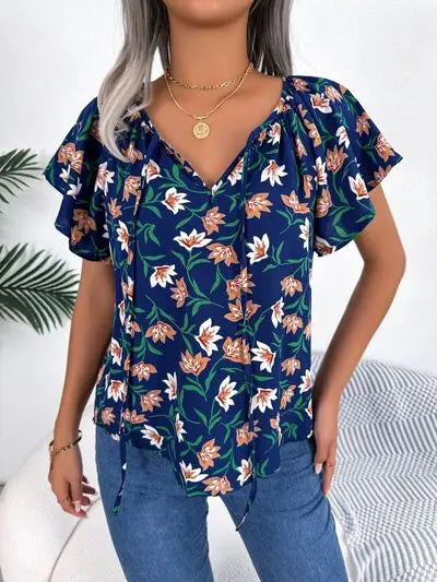 Floral Tie Neck Flutter Sleeve Blouse BLUE ZONE PLANET