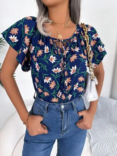 Floral Tie Neck Flutter Sleeve Blouse BLUE ZONE PLANET