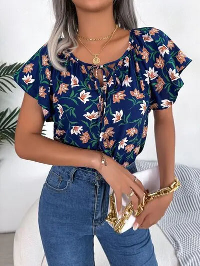 Floral Tie Neck Flutter Sleeve Blouse BLUE ZONE PLANET
