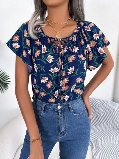 Floral Tie Neck Flutter Sleeve Blouse BLUE ZONE PLANET