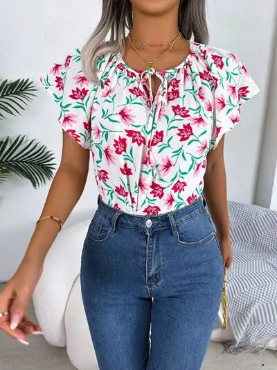 Floral Tie Neck Flutter Sleeve Blouse BLUE ZONE PLANET