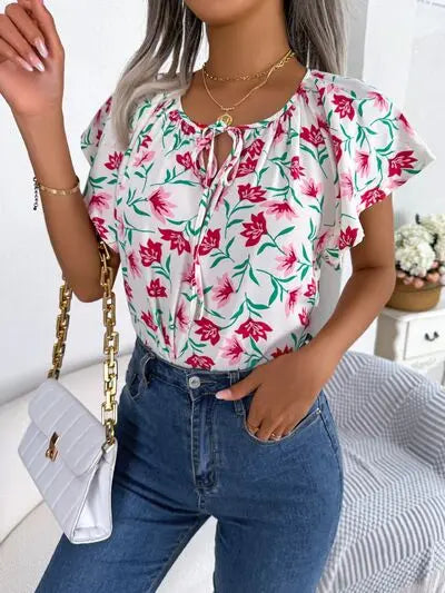 Floral Tie Neck Flutter Sleeve Blouse BLUE ZONE PLANET