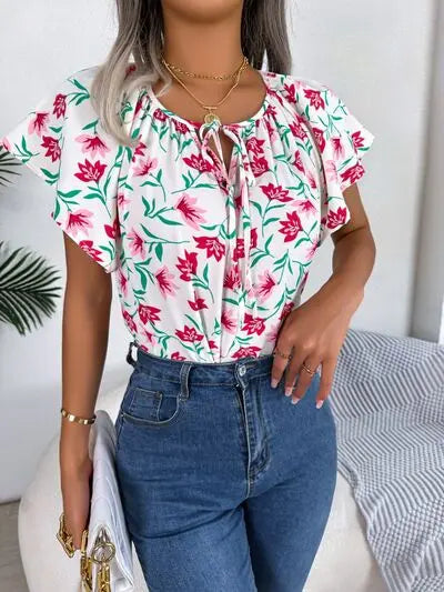 Floral Tie Neck Flutter Sleeve Blouse BLUE ZONE PLANET