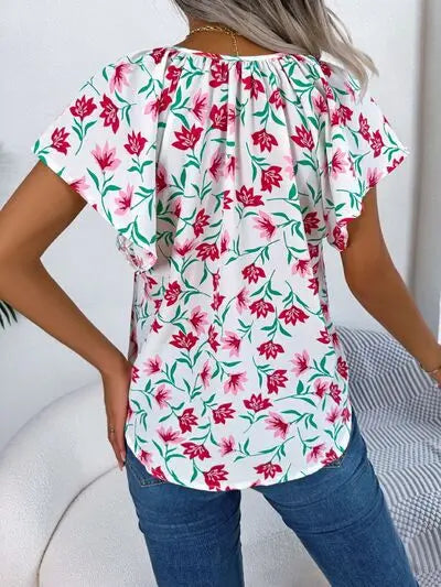 Floral Tie Neck Flutter Sleeve Blouse BLUE ZONE PLANET