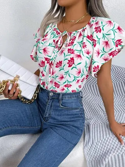 Floral Tie Neck Flutter Sleeve Blouse BLUE ZONE PLANET