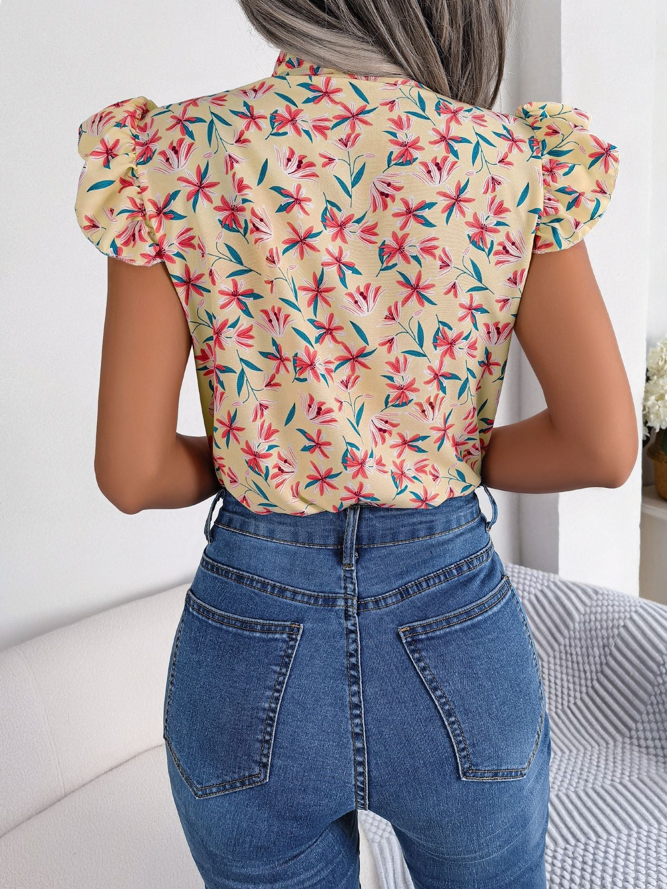 Floral Tie Neck Flutter Sleeve Blouse BLUE ZONE PLANET