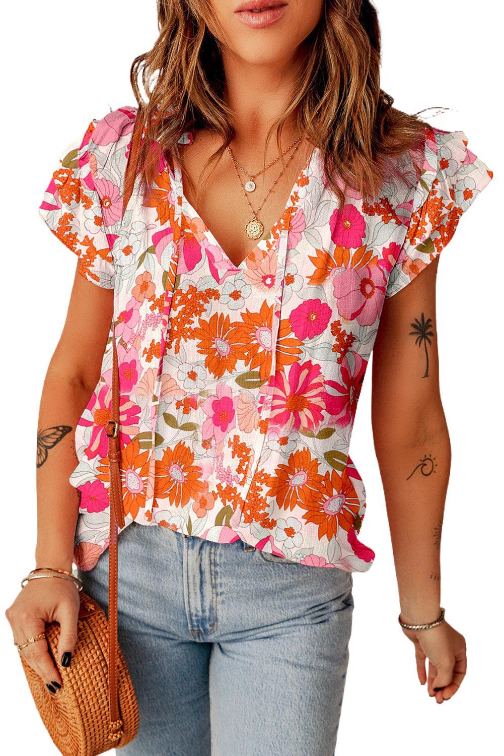 Floral Tie Neck Flutter Sleeve Blouse BLUE ZONE PLANET