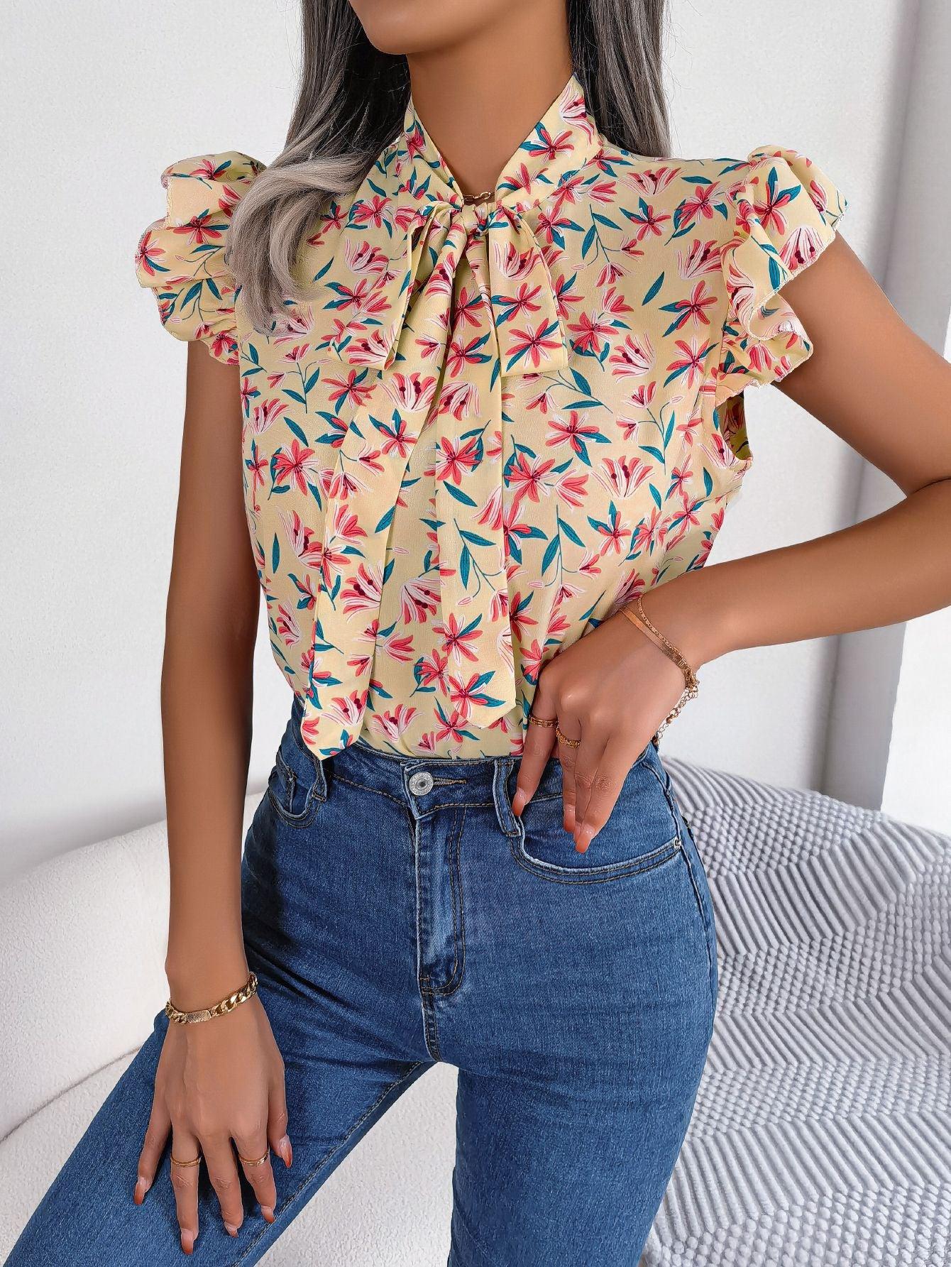 Floral Tie Neck Flutter Sleeve Blouse BLUE ZONE PLANET