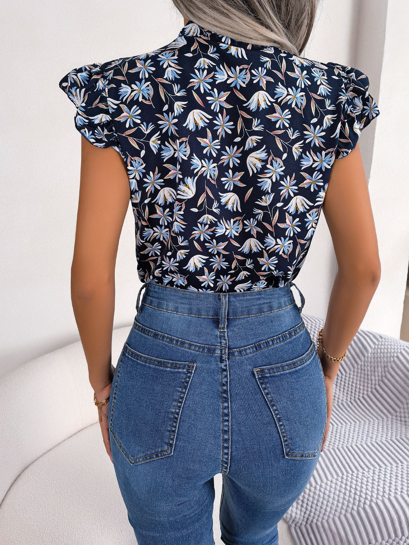 Floral Tie Neck Flutter Sleeve Blouse BLUE ZONE PLANET