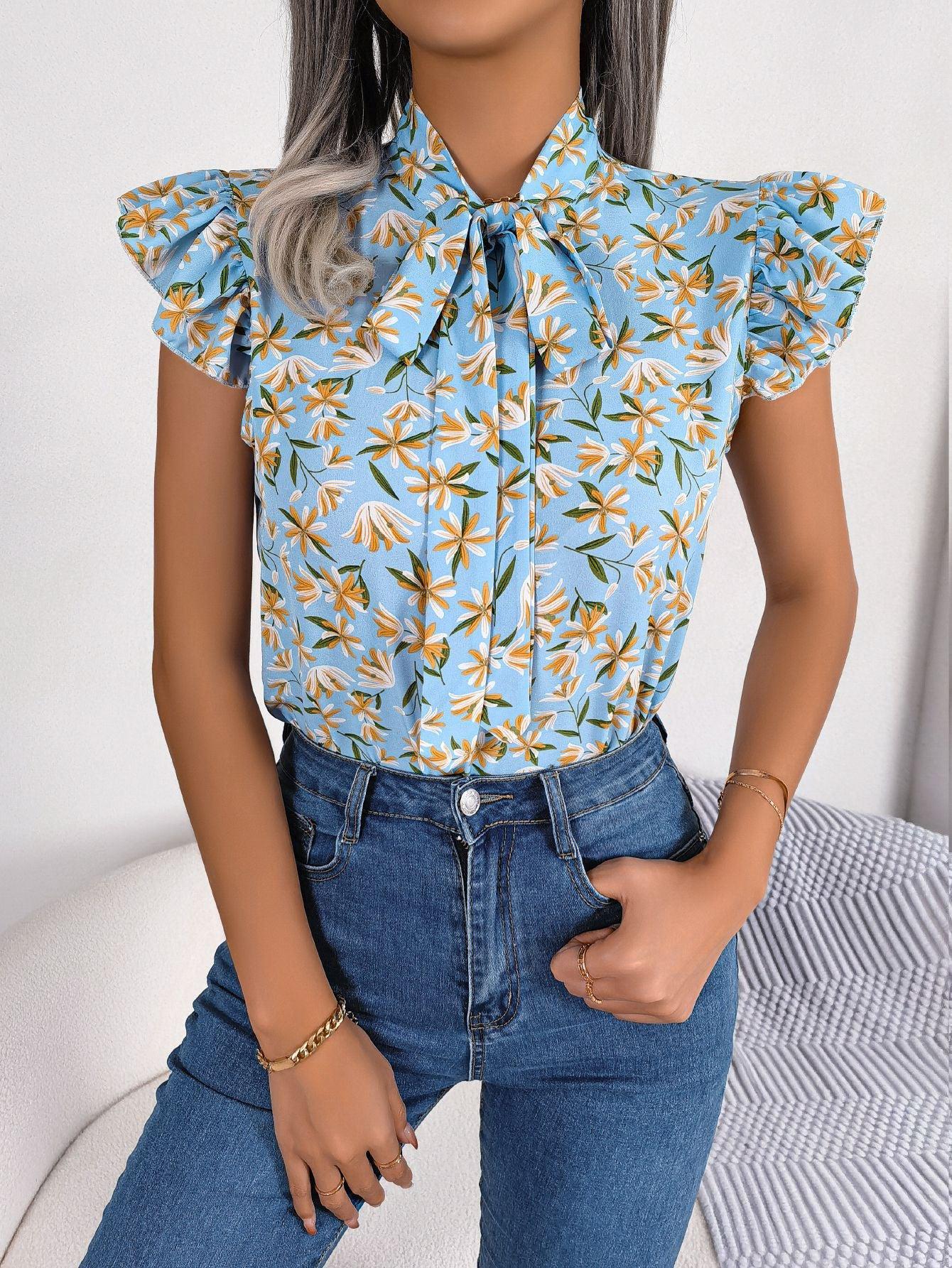 Floral Tie Neck Flutter Sleeve Blouse BLUE ZONE PLANET