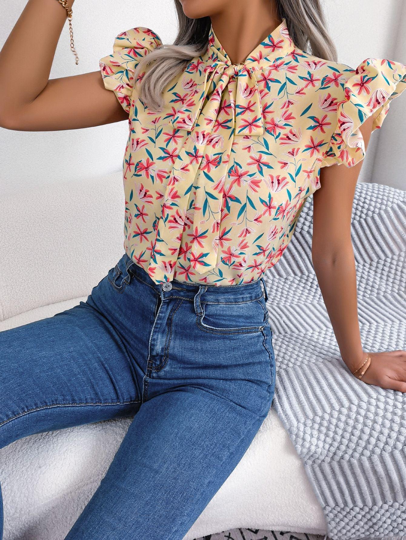 Floral Tie Neck Flutter Sleeve Blouse BLUE ZONE PLANET