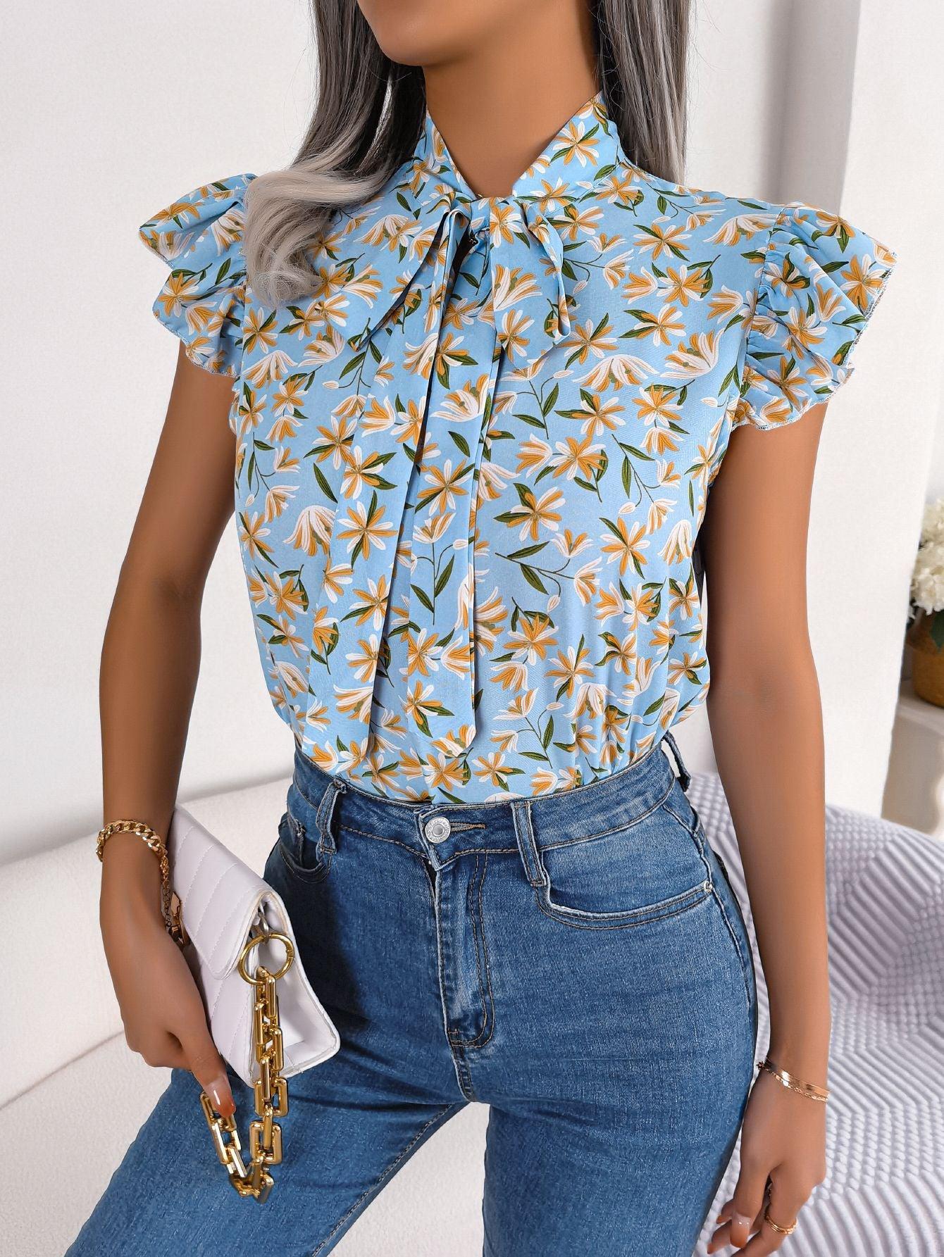 Floral Tie Neck Flutter Sleeve Blouse BLUE ZONE PLANET