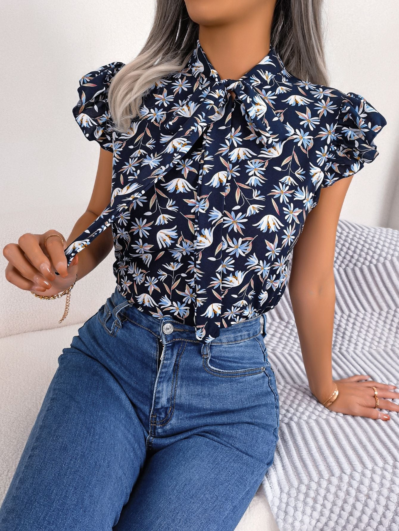 Floral Tie Neck Flutter Sleeve Blouse BLUE ZONE PLANET
