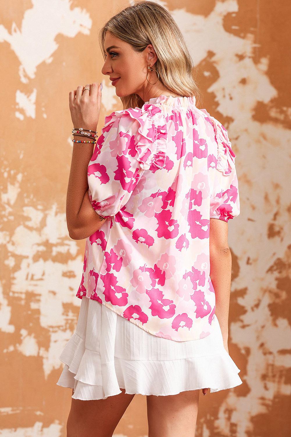 Floral Tie Neck Ruffle Shoulder Blouse BLUE ZONE PLANET