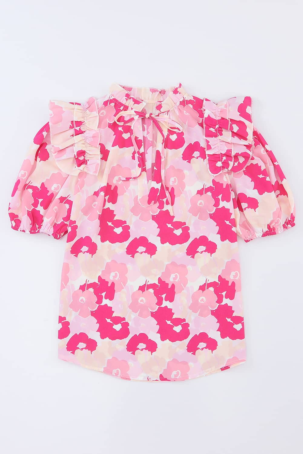 Floral Tie Neck Ruffle Shoulder Blouse BLUE ZONE PLANET