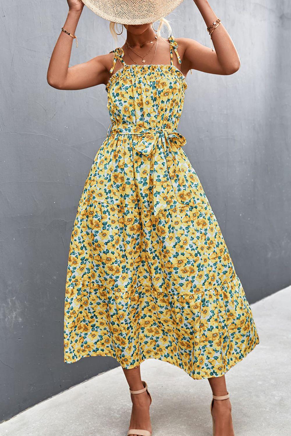Floral Tie-Shoulder Belted Dress BLUE ZONE PLANET