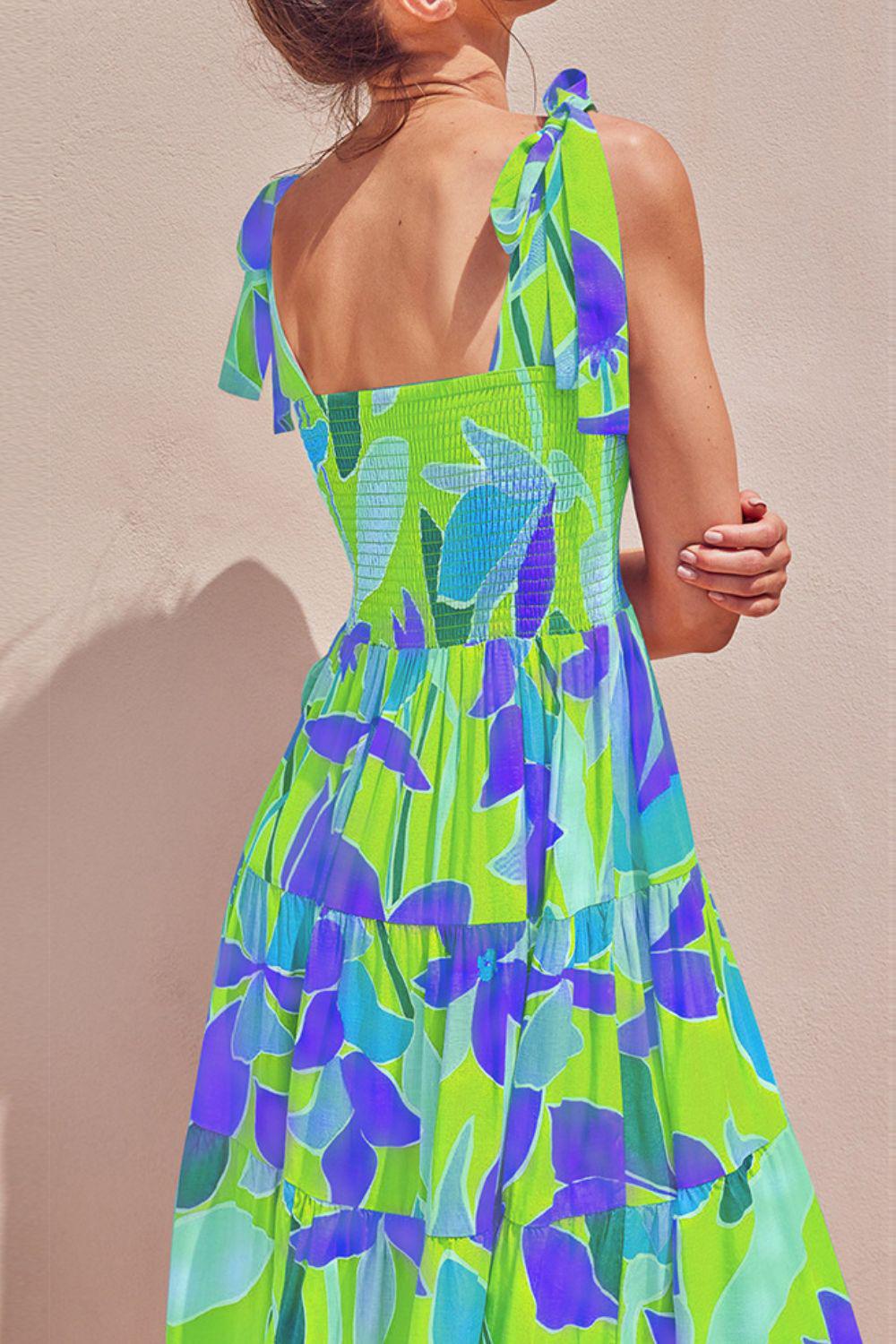 Floral Tie-Shoulder Smocked Midi Dress BLUE ZONE PLANET