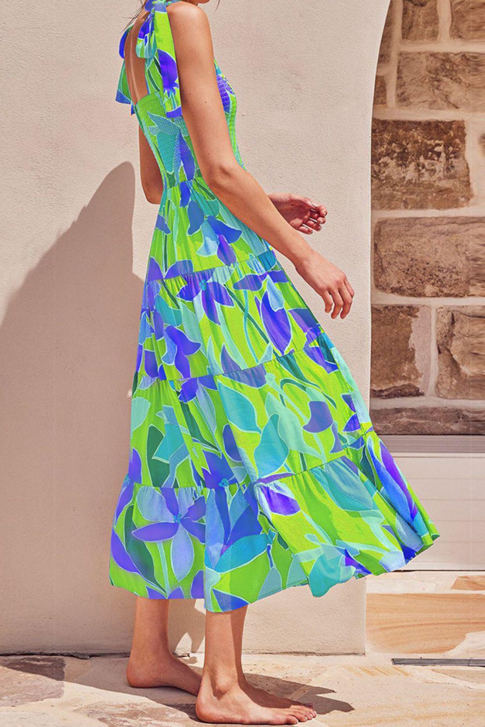 Floral Tie-Shoulder Smocked Midi Dress BLUE ZONE PLANET