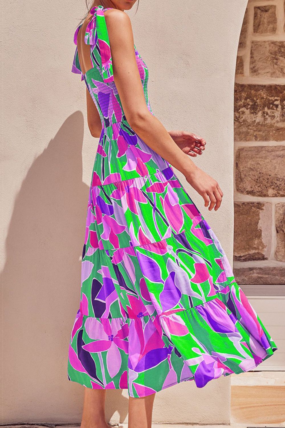 Floral Tie-Shoulder Smocked Midi Dress BLUE ZONE PLANET