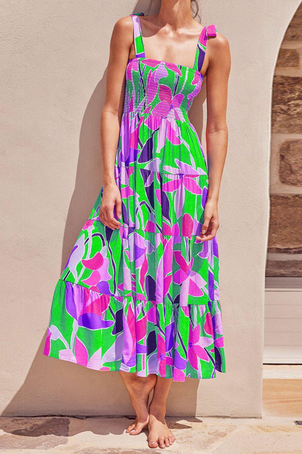 Floral Tie-Shoulder Smocked Midi Dress BLUE ZONE PLANET