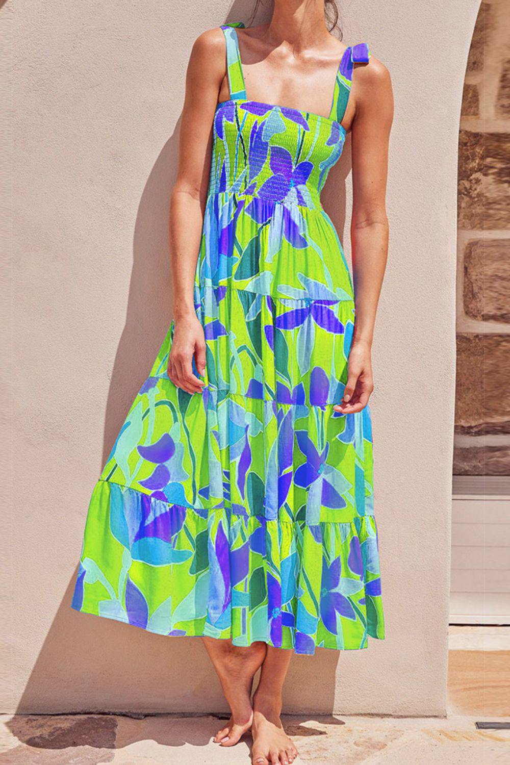 Floral Tie-Shoulder Smocked Midi Dress BLUE ZONE PLANET
