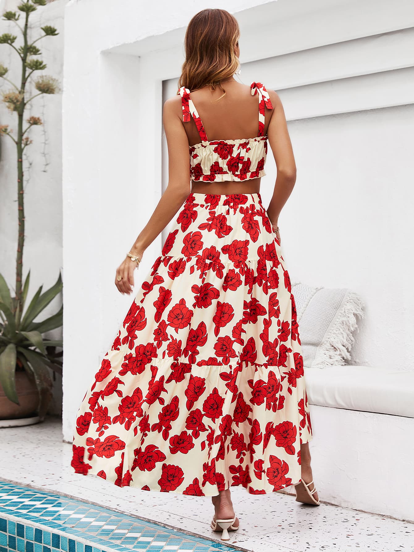 Floral Tie Shoulder Top and Tiered Maxi Skirt Set BLUE ZONE PLANET