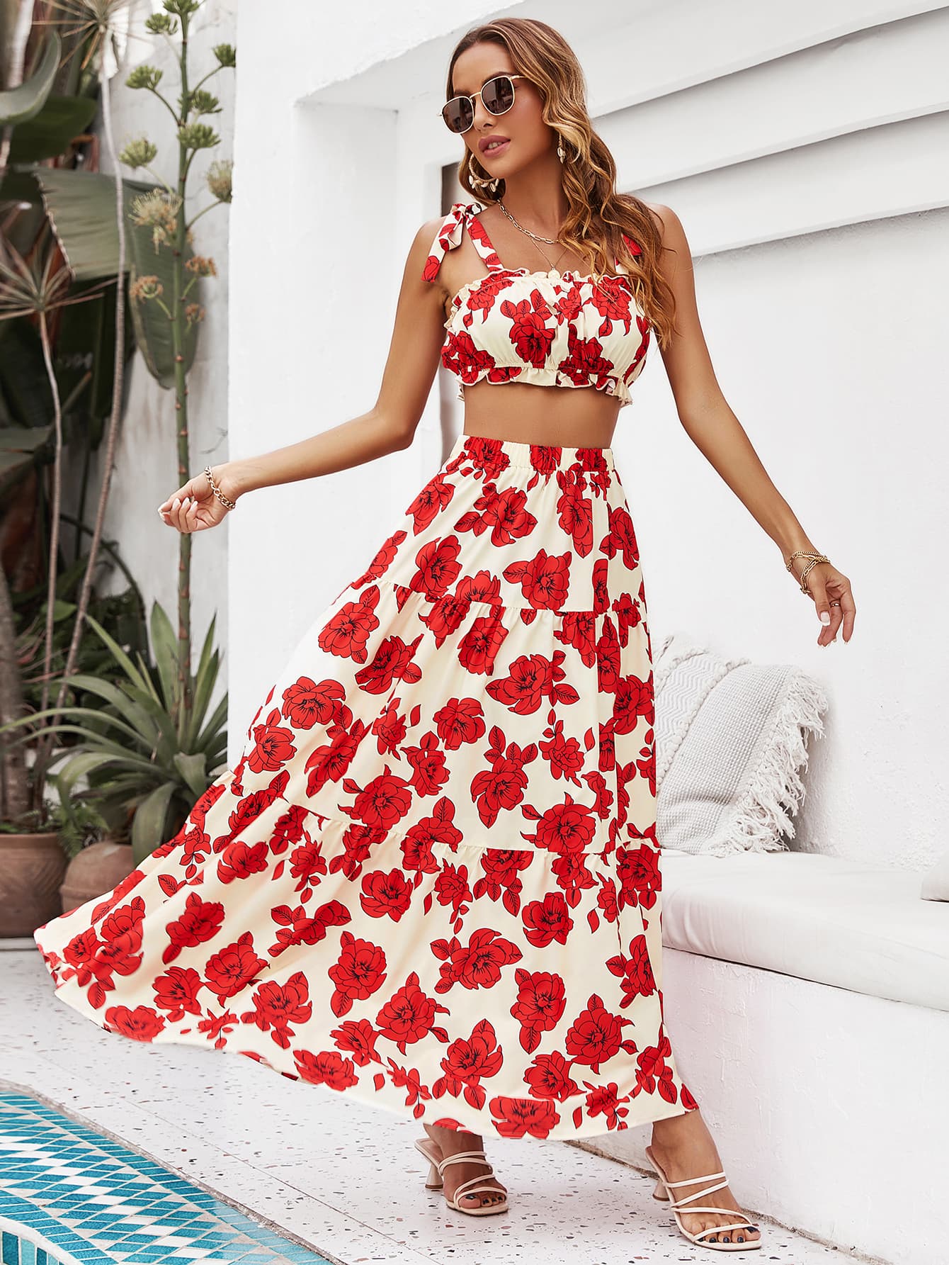 Floral Tie Shoulder Top and Tiered Maxi Skirt Set BLUE ZONE PLANET