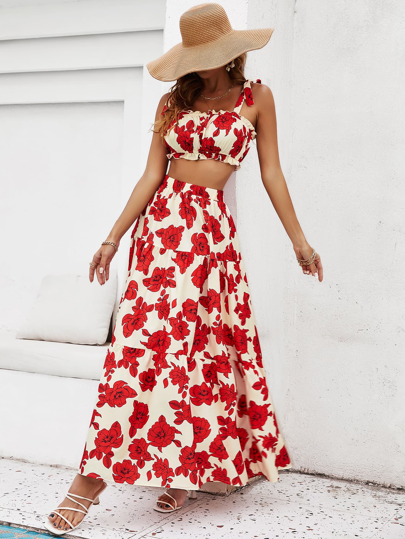 Floral Tie Shoulder Top and Tiered Maxi Skirt Set BLUE ZONE PLANET