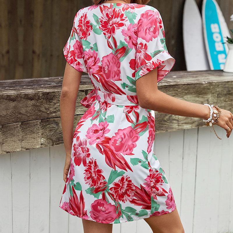 Floral Tied Short Sleeve Mini Dress BLUE ZONE PLANET