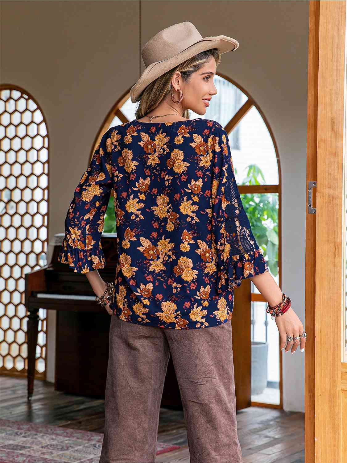 Floral V-Neck Crochet Blouse BLUE ZONE PLANET