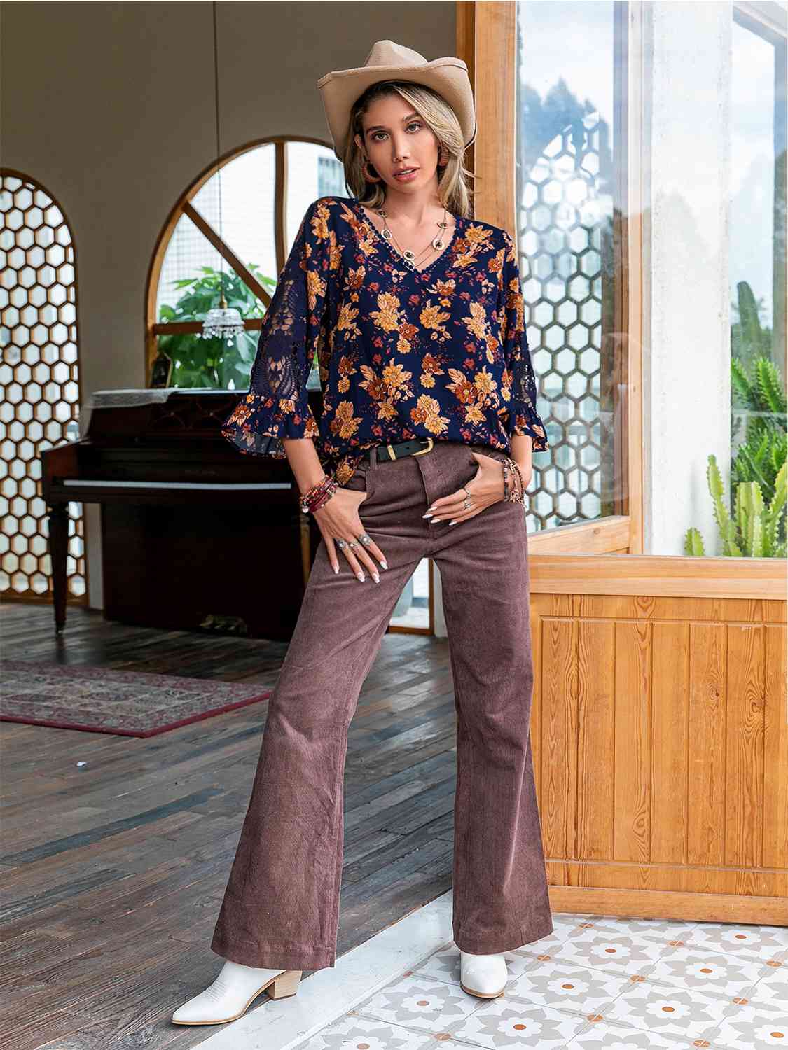 Floral V-Neck Crochet Blouse BLUE ZONE PLANET
