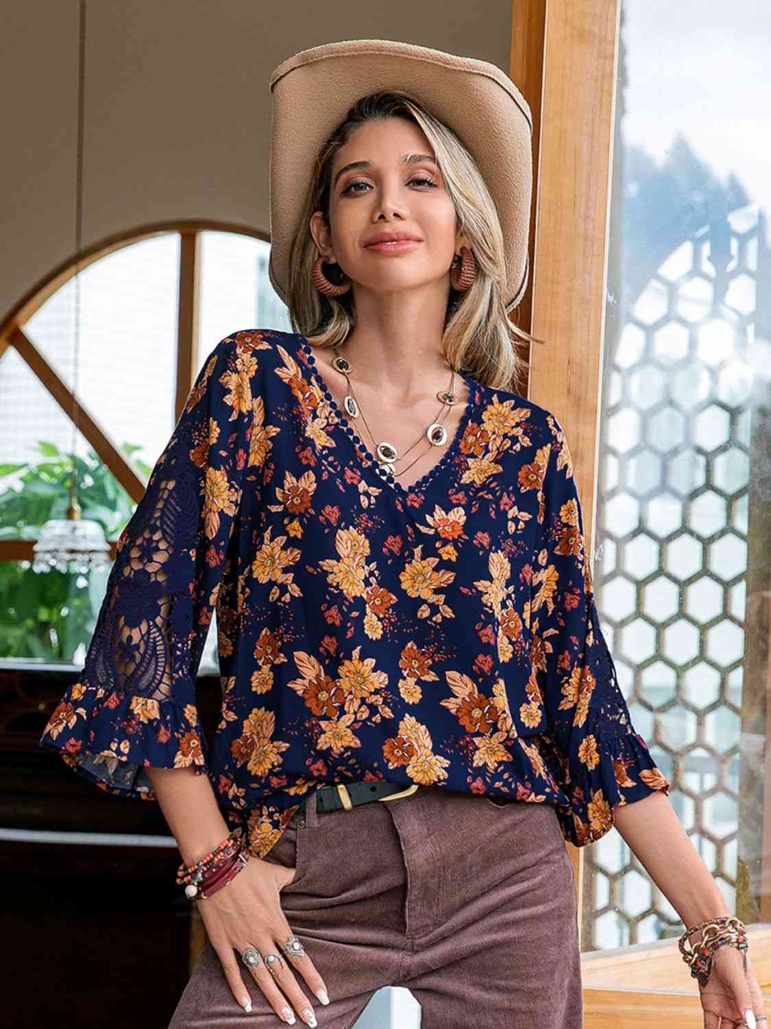 Floral V-Neck Crochet Blouse BLUE ZONE PLANET