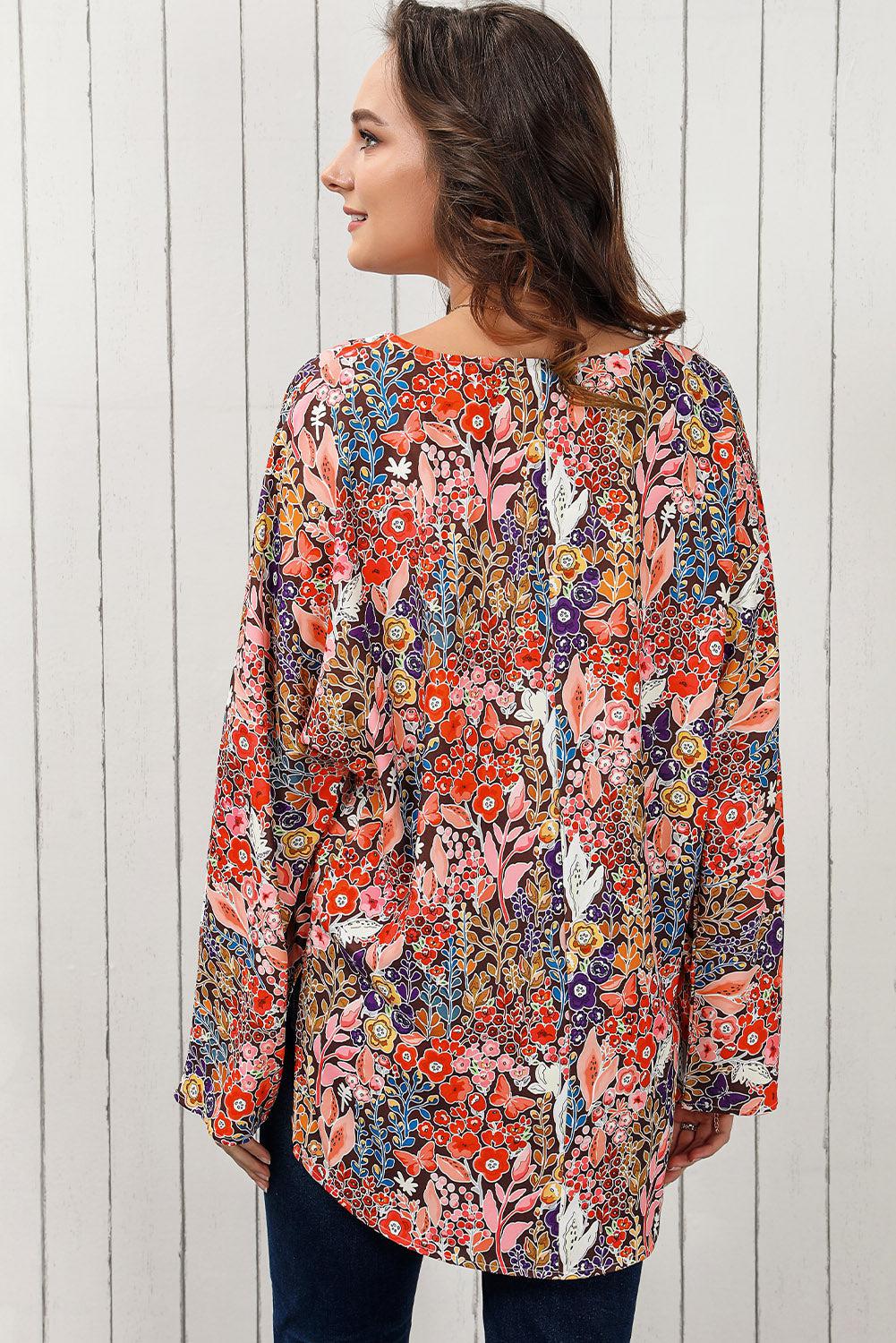 Floral V-Neck Long Sleeve Blouse BLUE ZONE PLANET