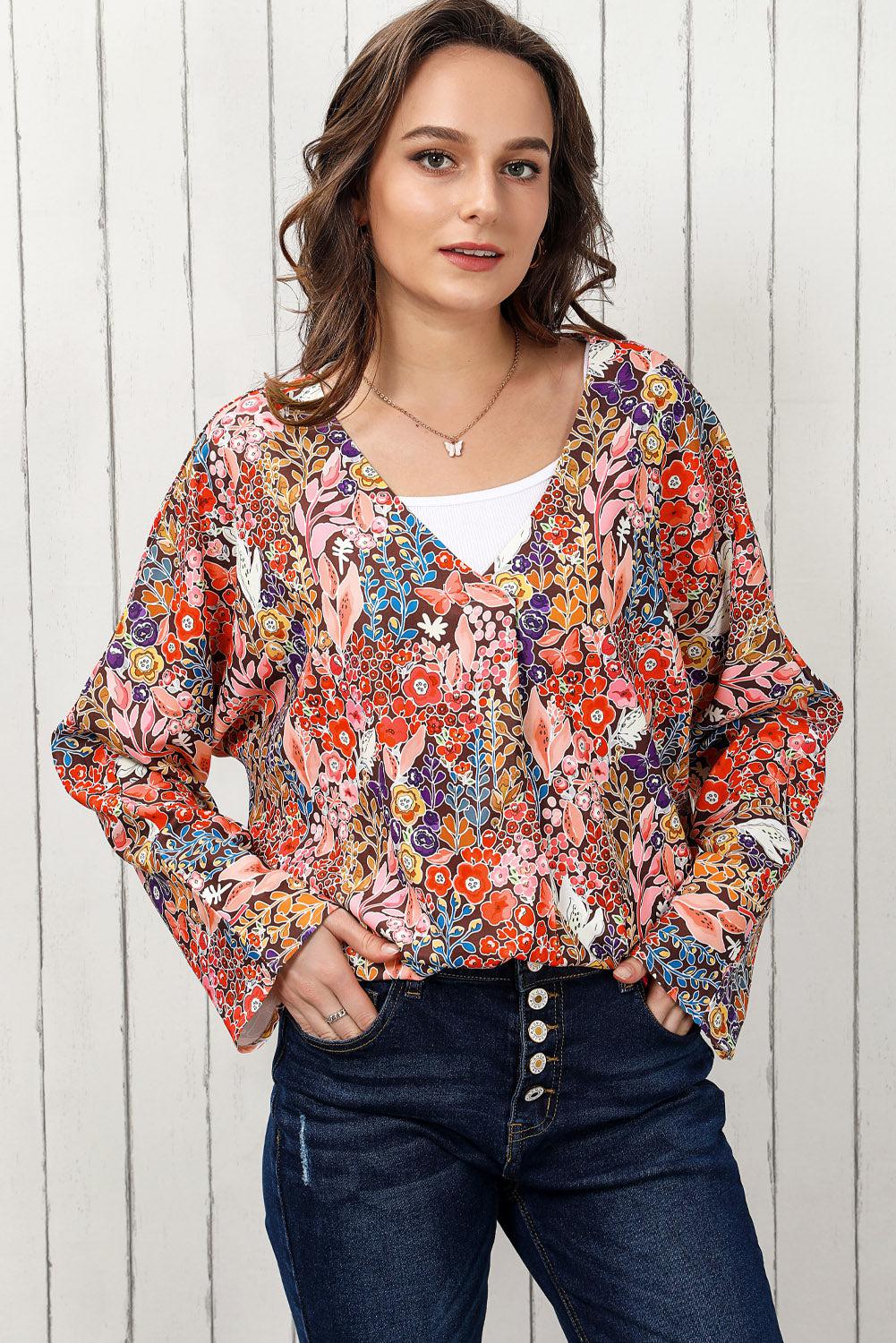 Floral V-Neck Long Sleeve Blouse BLUE ZONE PLANET