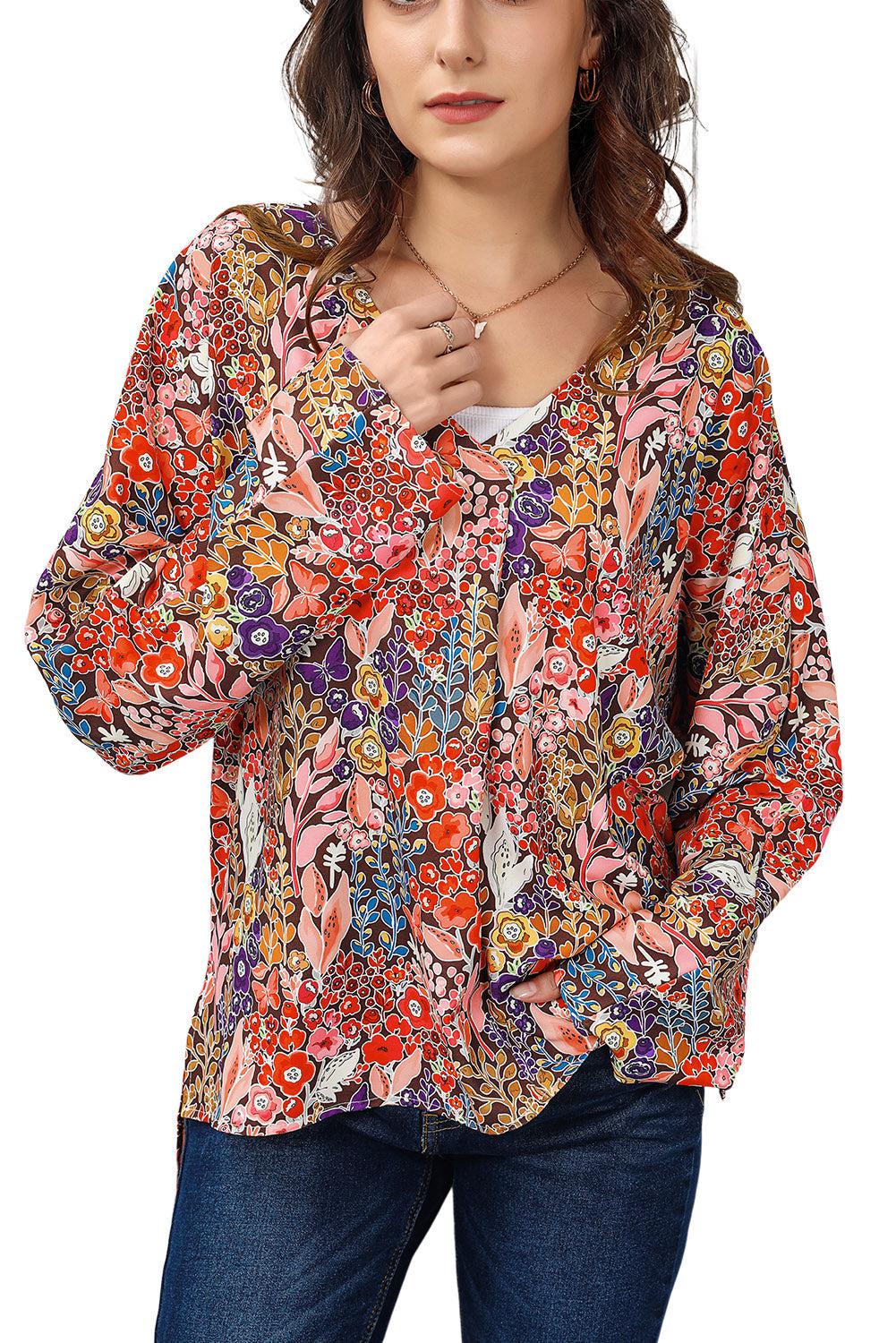 Floral V-Neck Long Sleeve Blouse BLUE ZONE PLANET