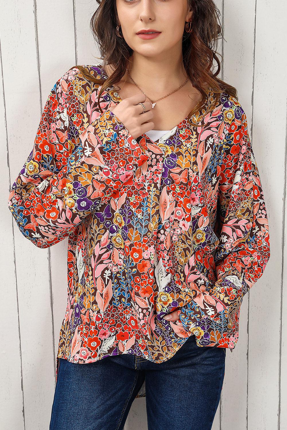 Floral V-Neck Long Sleeve Blouse BLUE ZONE PLANET
