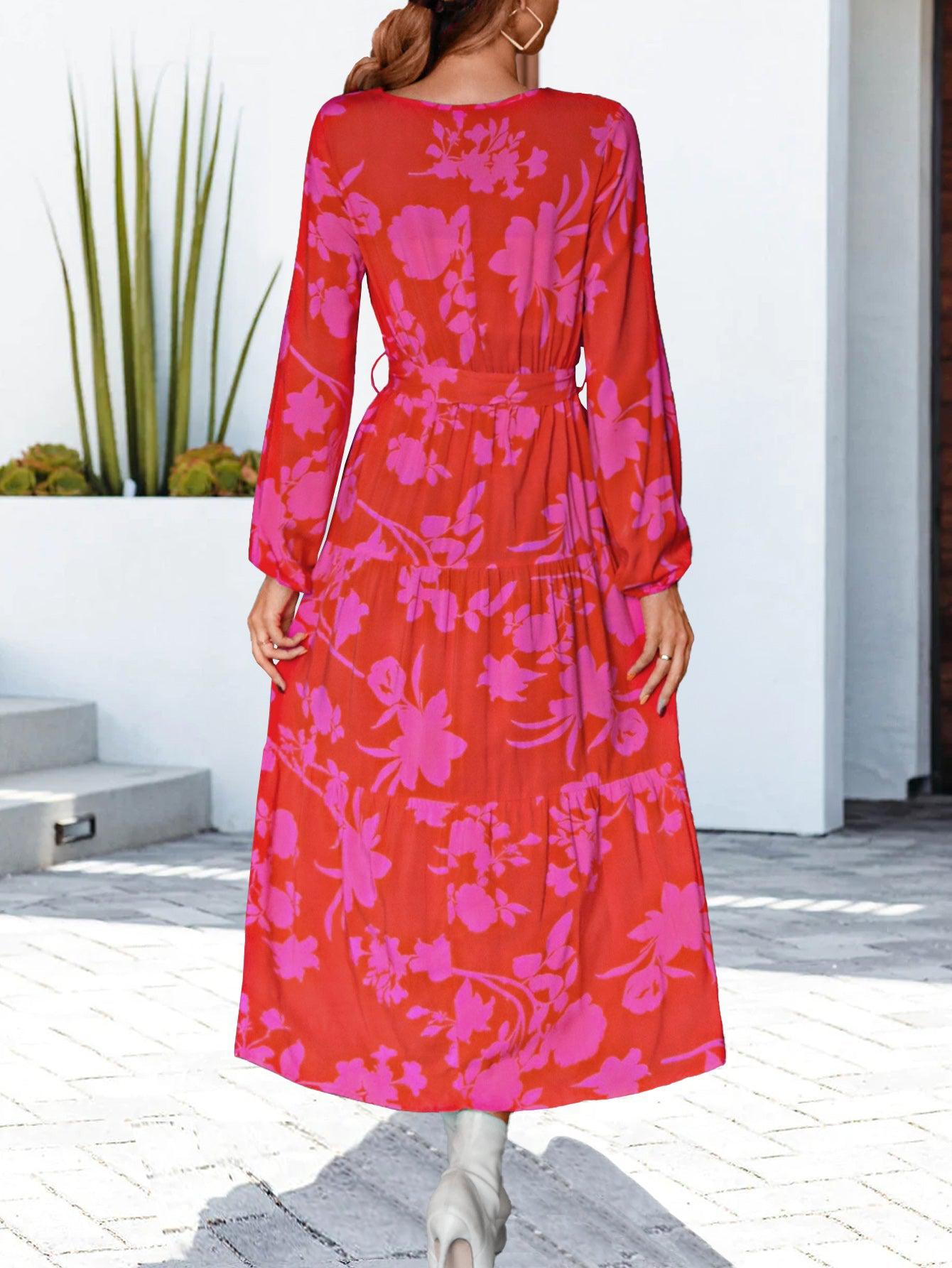 Floral V-Neck Long Sleeve Dress BLUE ZONE PLANET